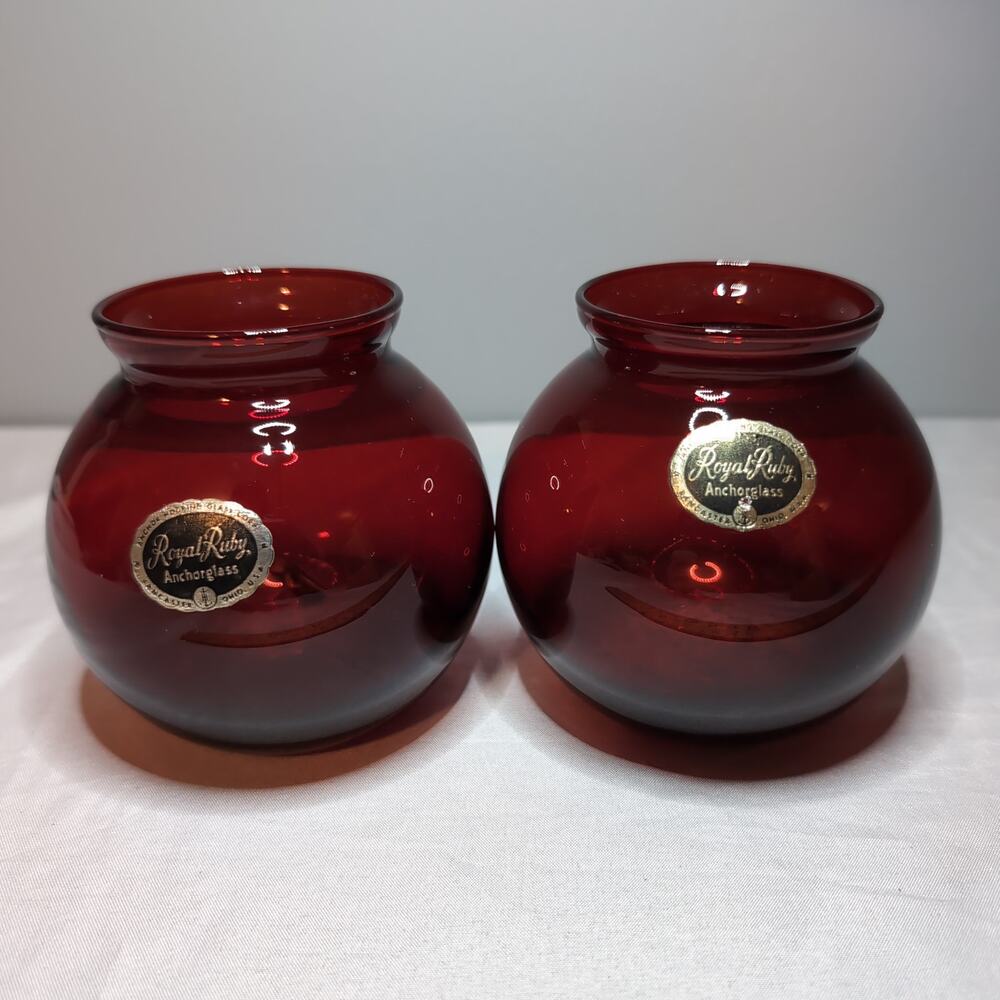 Vintage‎ Set of 2 Royal Ruby Anchorglass Anchor Hocking Glass Corp Ball Vase